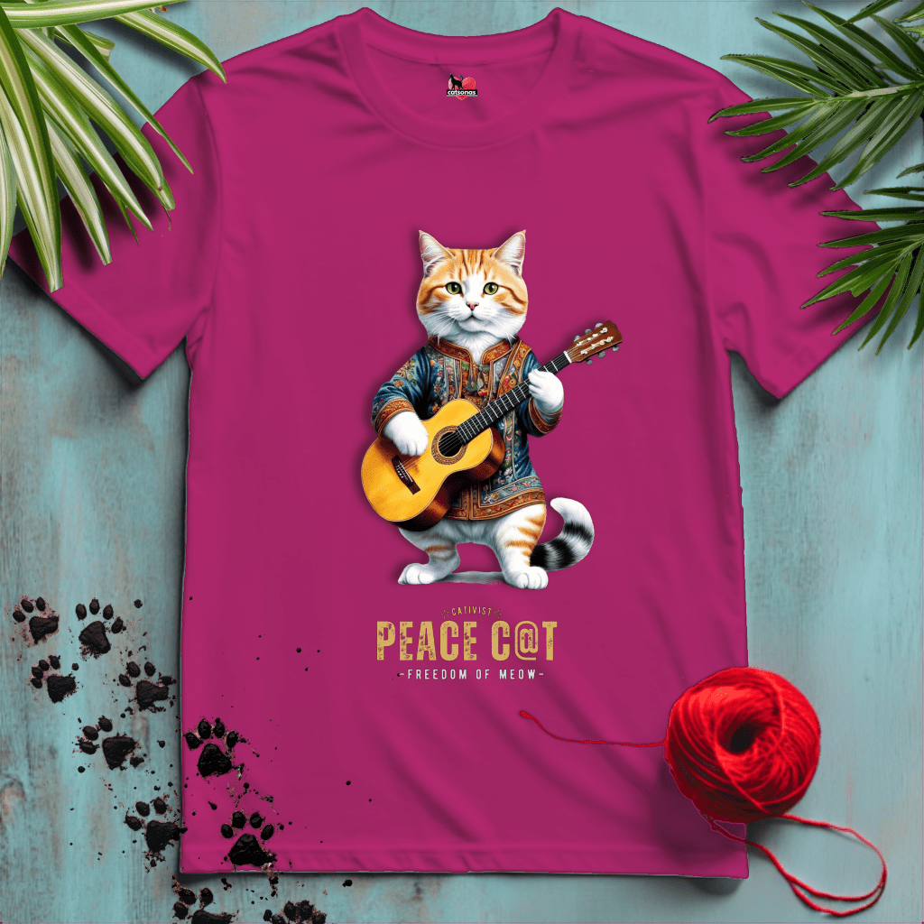 Printify T-Shirt Antique Heliconia / XL PEACE-CAT ☮️ FOLK-GUITAR-HIPPY | Music Cats Collection