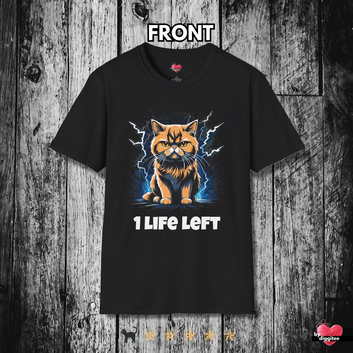 Printify T-Shirt Black / XS Funny CATS ๐โโฌ 1 LIFE LEFT