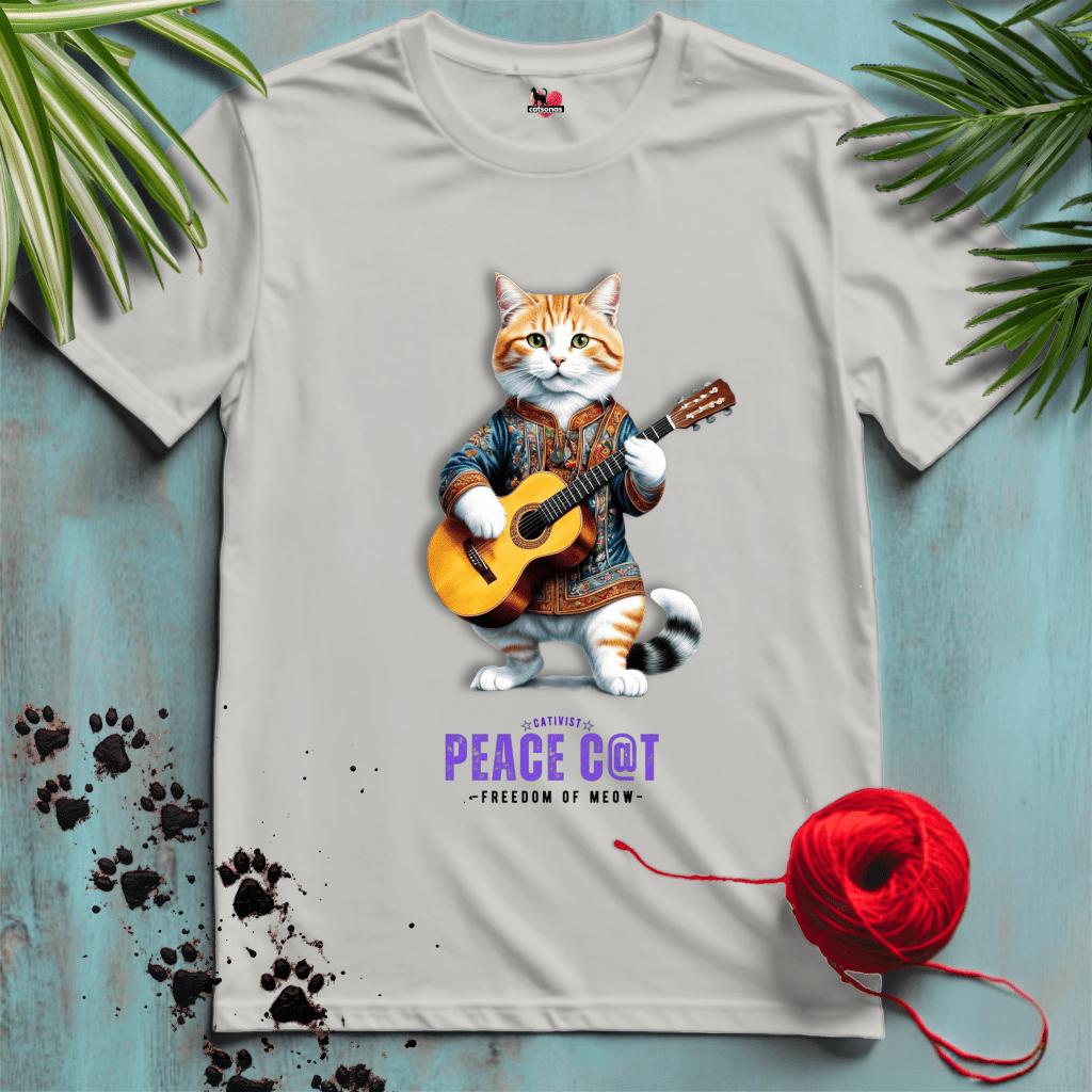 Printify T-Shirt Ice Grey / XL PEACE-CAT ☮️ FOLK-GUITAR-HIPPY | Music Cats Collection