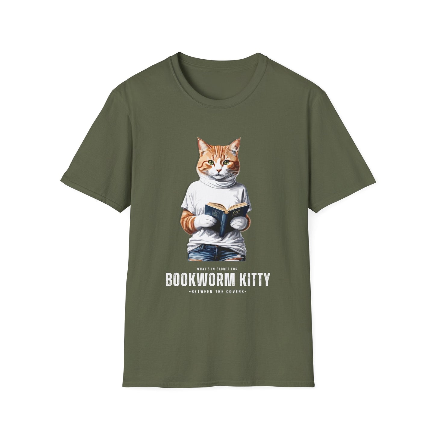 Printify T-Shirt Military Green / S BOOKWORM-KITTY-WHITE-CATSONAS-READING_1ab6f936-9ca7-437c-ac46-72a8e6012a99