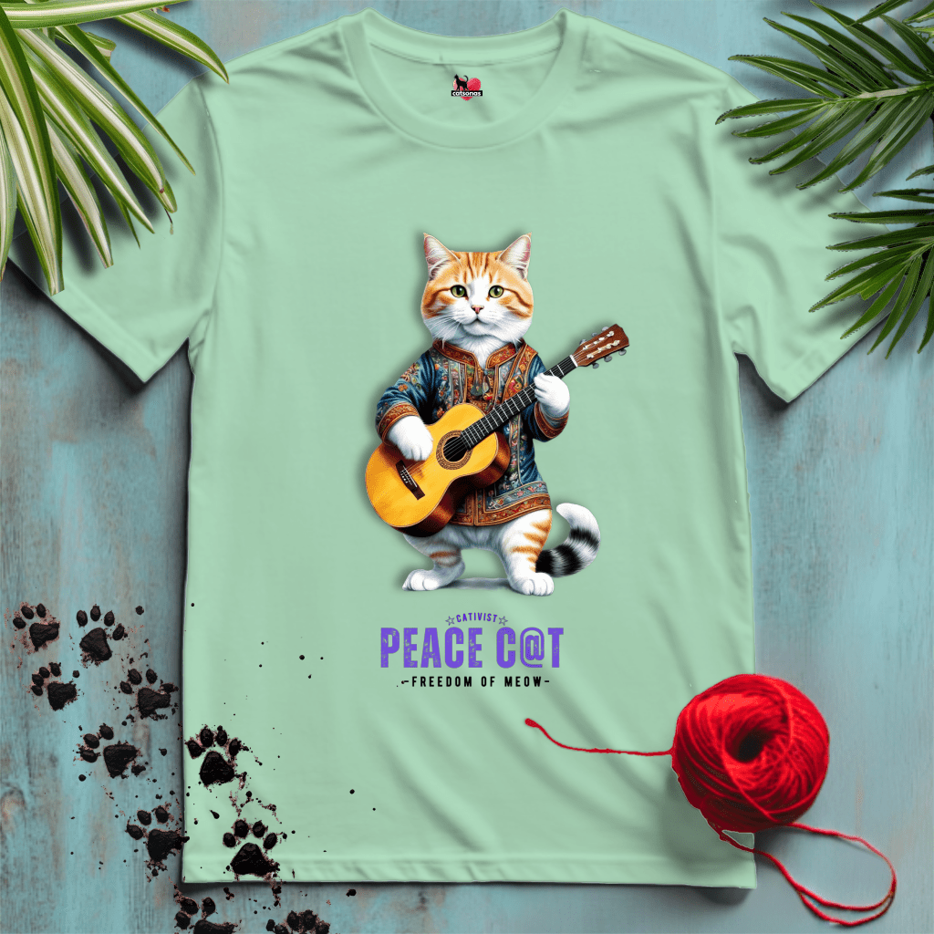Printify T-Shirt Mint Green / XL PEACE-CAT ☮️ FOLK-GUITAR-HIPPY | Music Cats Collection