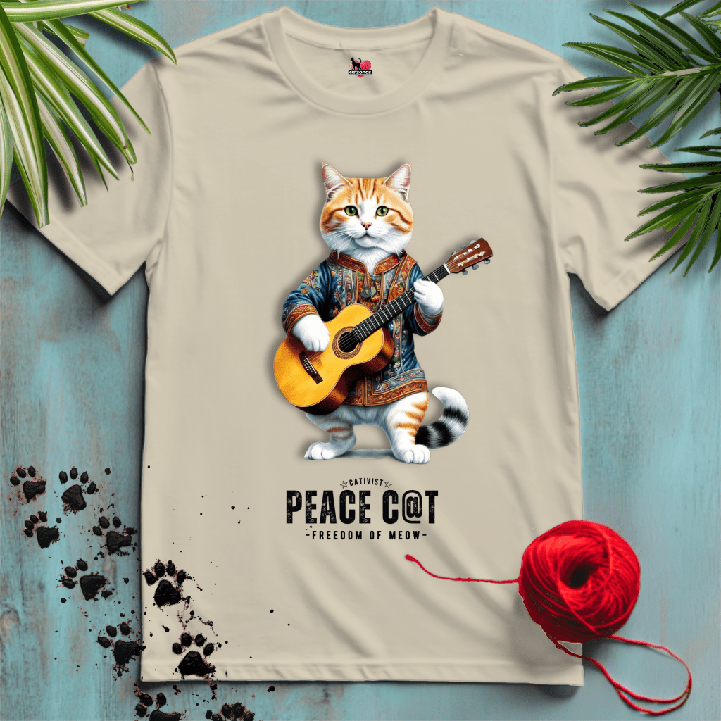 Printify T-Shirt Sand / XL PEACE-CAT ☮️ FOLK-GUITAR-HIPPY | Music Cats Collection