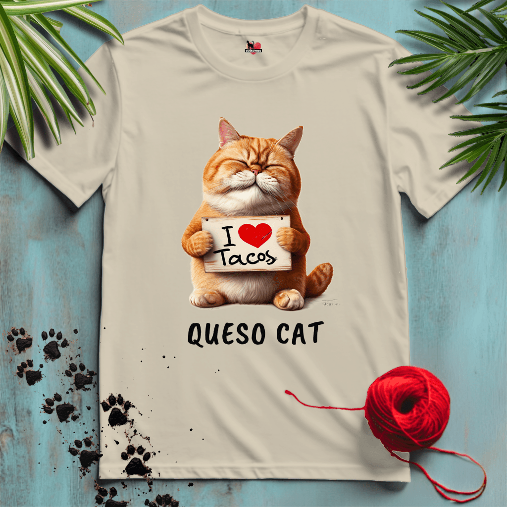 Printify T-Shirt Sand / XL QUESO-CAT ๐ฎ I-LOVE-TACOS | Foodie Cats Collection