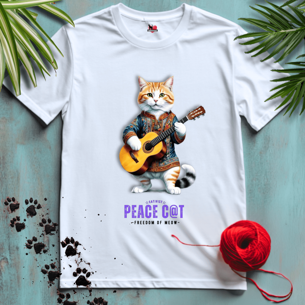 Printify T-Shirt White / XS PEACE-CAT ☮️ FOLK-GUITAR-HIPPY | Music Cats Collection