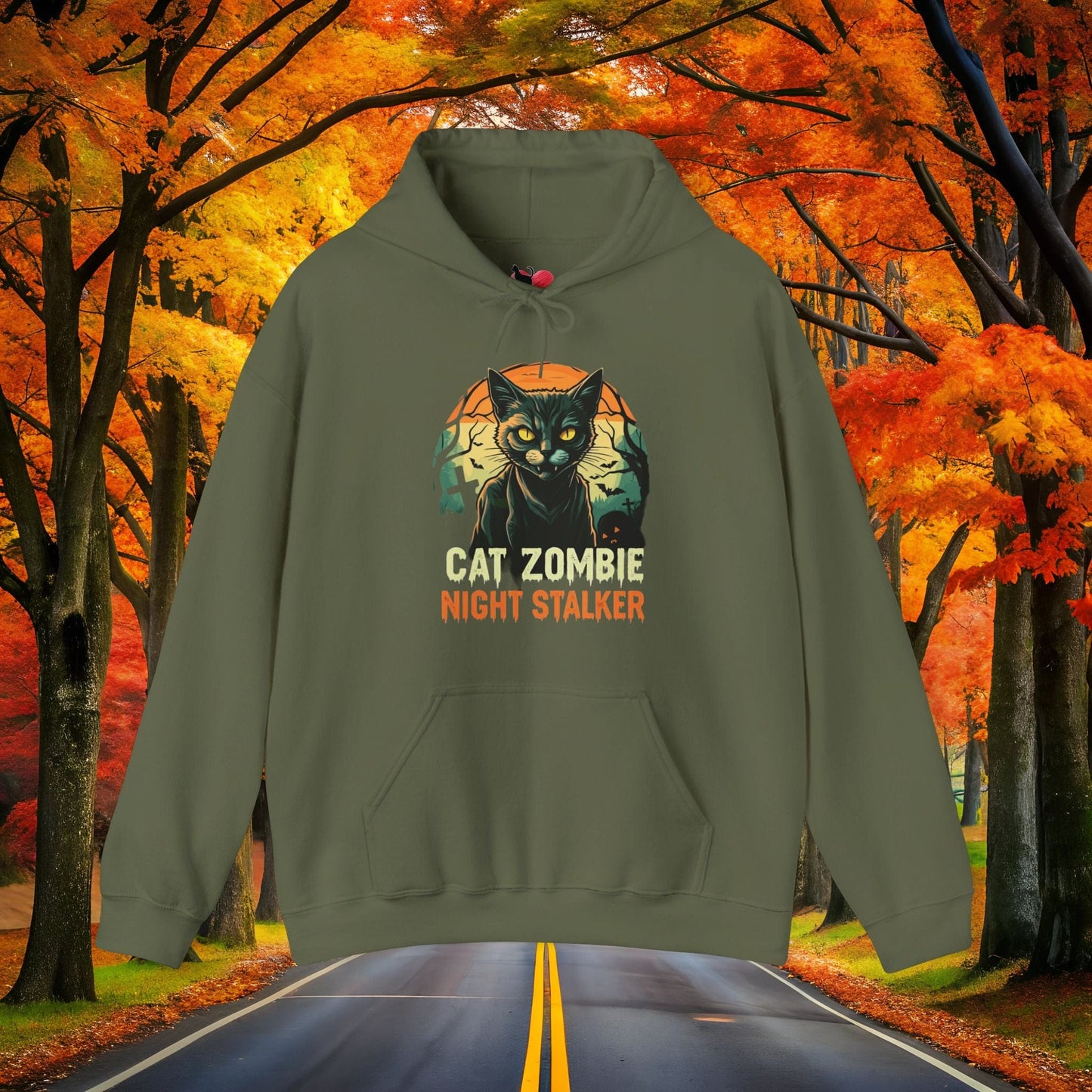 Printify Hoodie Military Green / S Cat ZOMBIE 👻 Spooky Season 🎃 Hoodie