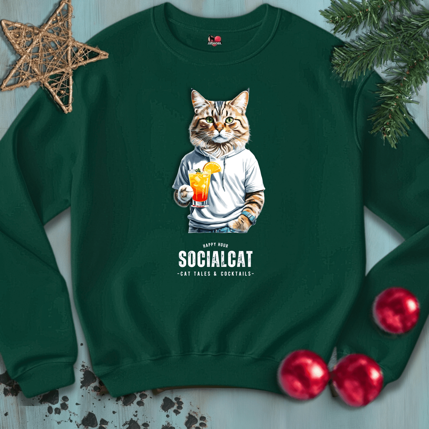 Printify Sweatshirt S / Forest Green SOCIAL-CAT-BLACK-CATSONAS-COCKTAILS_762f172f-3d16-401b-86ce-85c0df5adab3