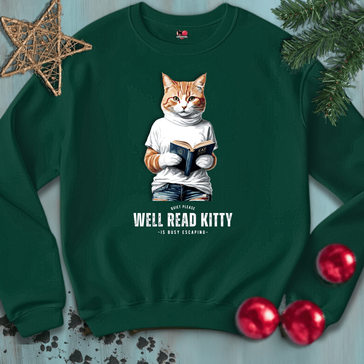 Printify Sweatshirt S / Forest Green WELL-READ-KITTY-BLACK-CATSONAS-READING_e114af6c-26d9-44c9-91a8-b139911a2da8