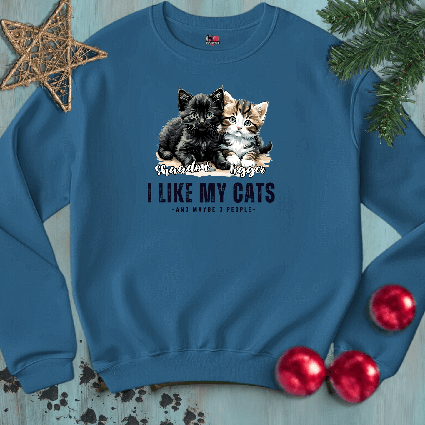 Printify Sweatshirt S / Indigo Blue I-LIKE-MY-CATS-WHITE-CUSTOM | Crewneck Sweatshirt