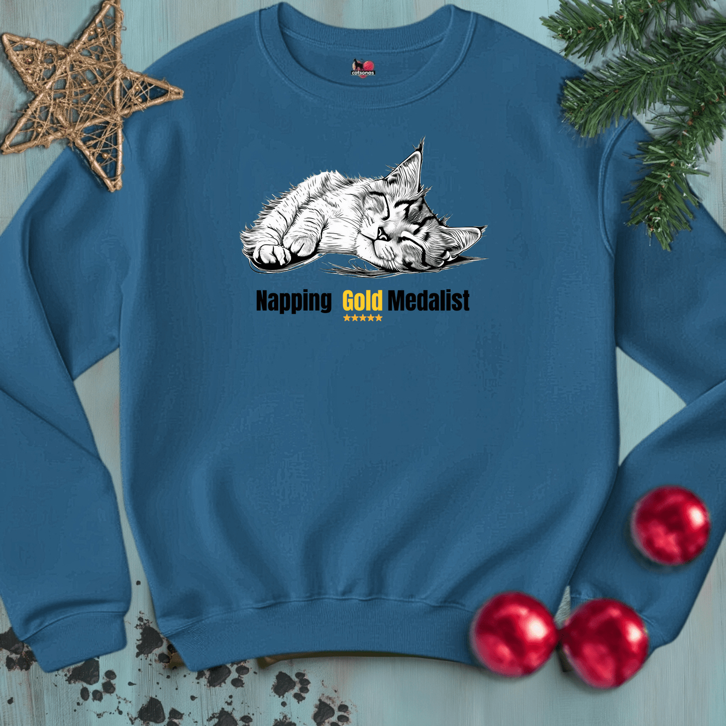 Printify Sweatshirt S / Indigo Blue NAPPING-GOLD-MEDALIST-CAT-WHITE-CATSONAS-CAT-NAP_c05a32bc-692d-44a2-ba0a-7781477d2ad9