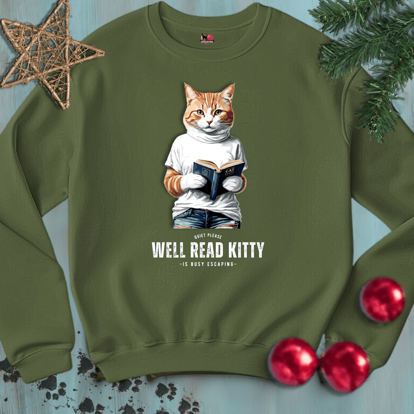 Printify Sweatshirt S / Military Green WELL-READ-KITTY-BLACK-CATSONAS-READING_e114af6c-26d9-44c9-91a8-b139911a2da8