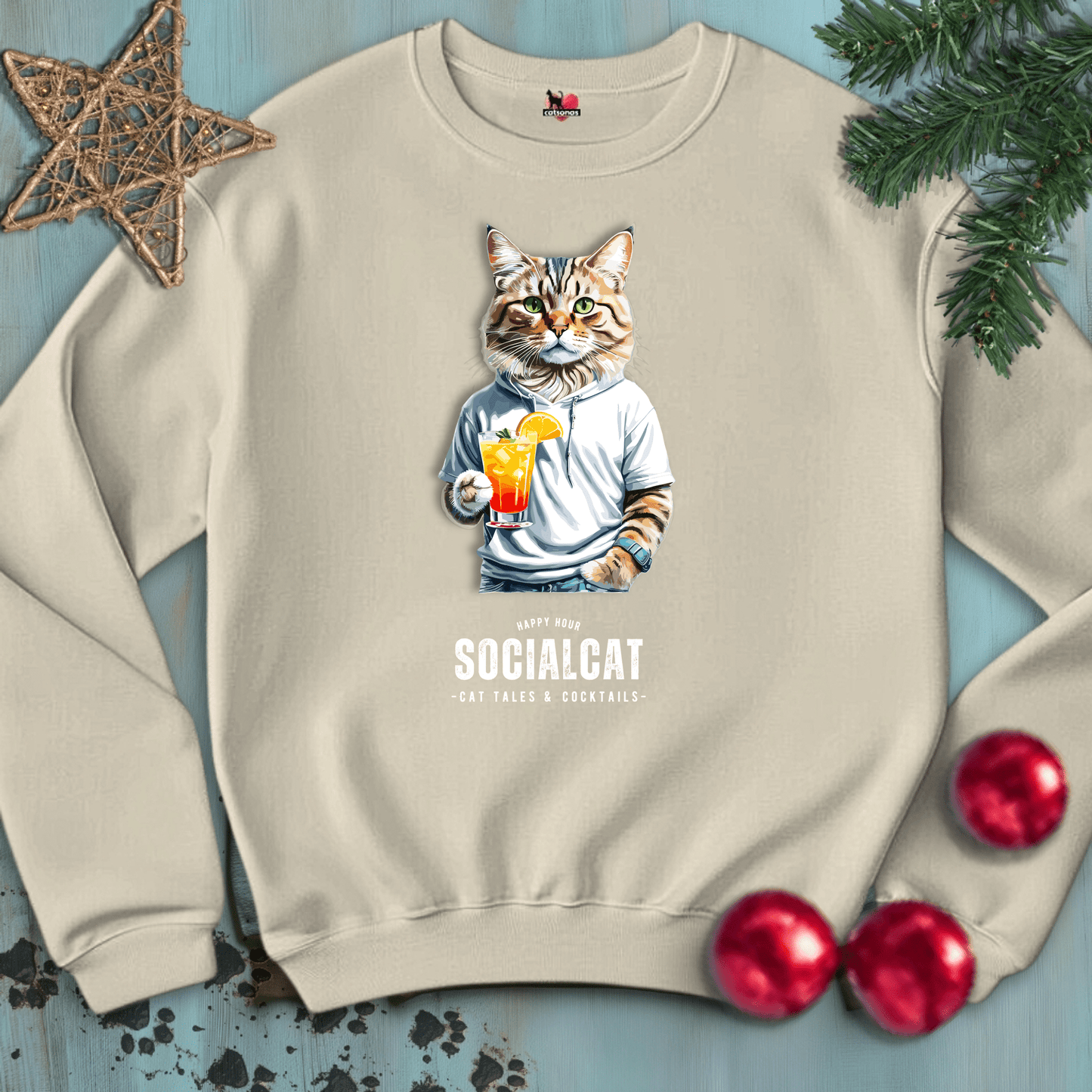 Printify Sweatshirt S / Sand SOCIAL-CAT-BLACK-CATSONAS-COCKTAILS_762f172f-3d16-401b-86ce-85c0df5adab3