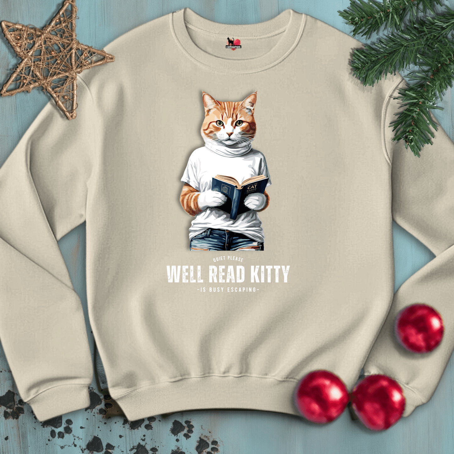 Printify Sweatshirt S / Sand WELL-READ-KITTY-BLACK-CATSONAS-READING_e114af6c-26d9-44c9-91a8-b139911a2da8