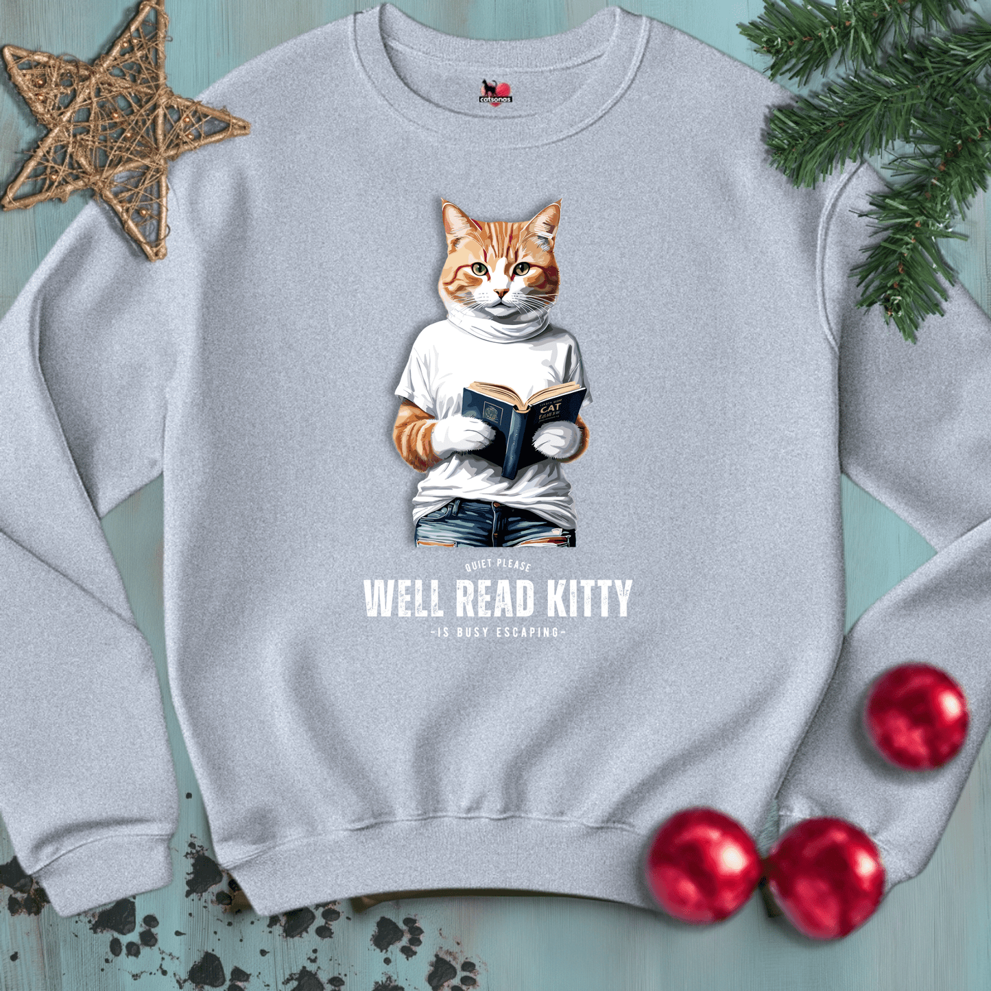 Printify Sweatshirt S / Sport Grey WELL-READ-KITTY-BLACK-CATSONAS-READING_e114af6c-26d9-44c9-91a8-b139911a2da8