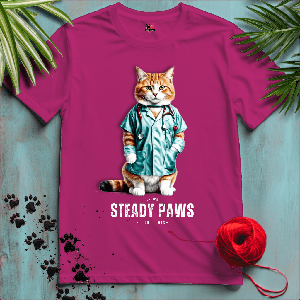 Printify T-Shirt Antique Heliconia / XL STEADY-PAWS 🥼SURGEON | Healthcare Cats Collection