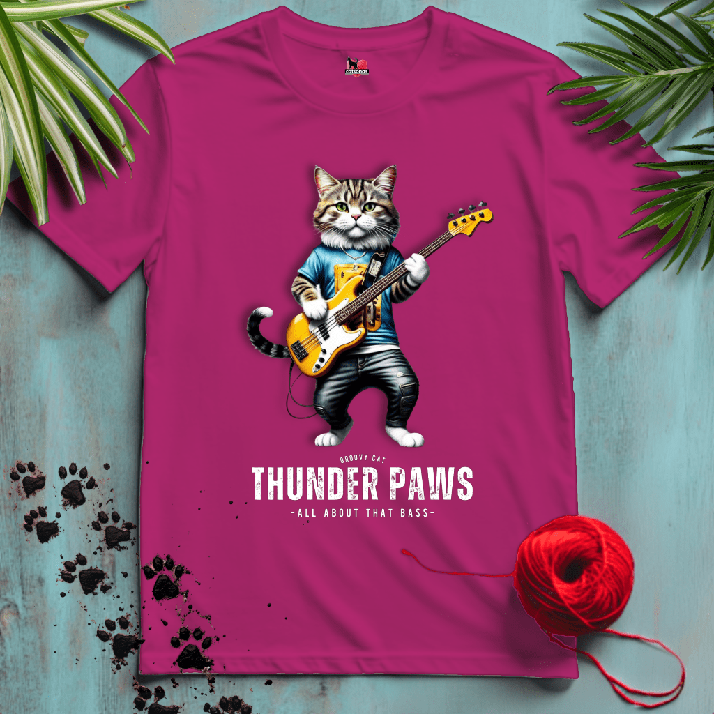 Printify T-Shirt Antique Heliconia / XL THUNDER-PAWS 🤘 BASS-PLAYER | Music Cats Collection