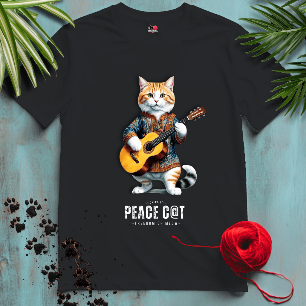 Printify T-Shirt Black / XL PEACE-CAT ☮️ FOLK-GUITAR-HIPPY | Music Cats Collection