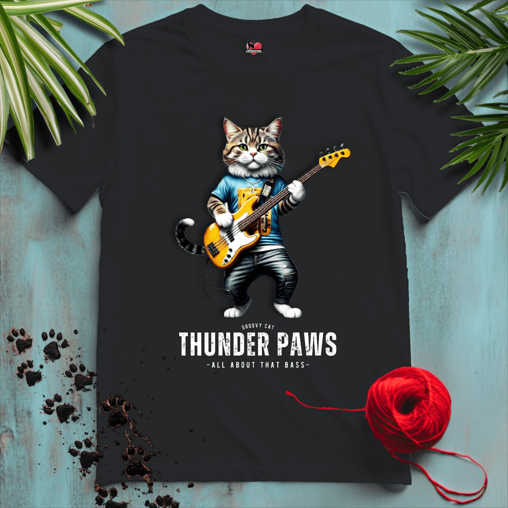 Printify T-Shirt Black / XL THUNDER-PAWS 🤘 BASS-PLAYER | Music Cats Collection