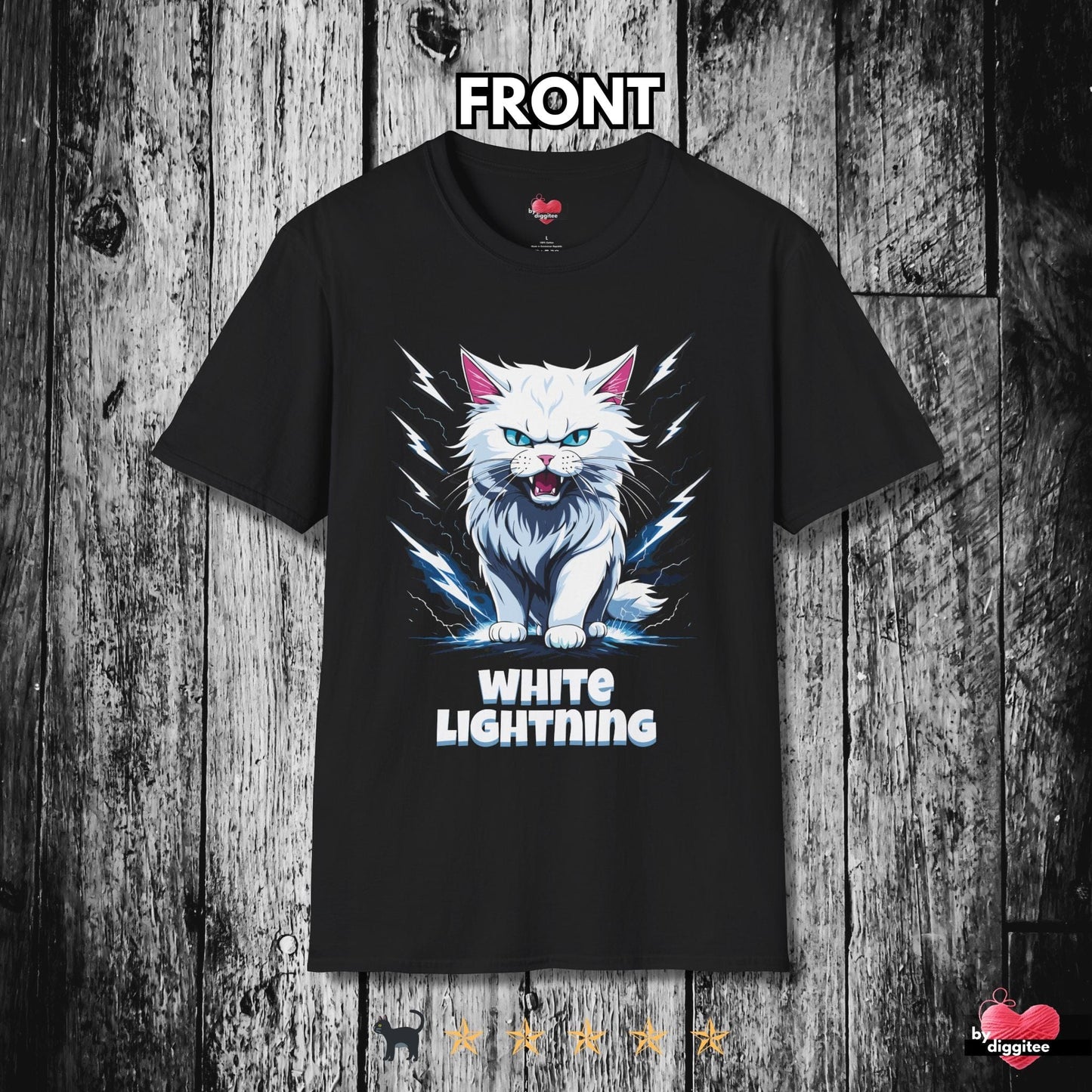 Printify T-Shirt Black / XS Funny CATS 🐈‍⬛ WHITE Lightning