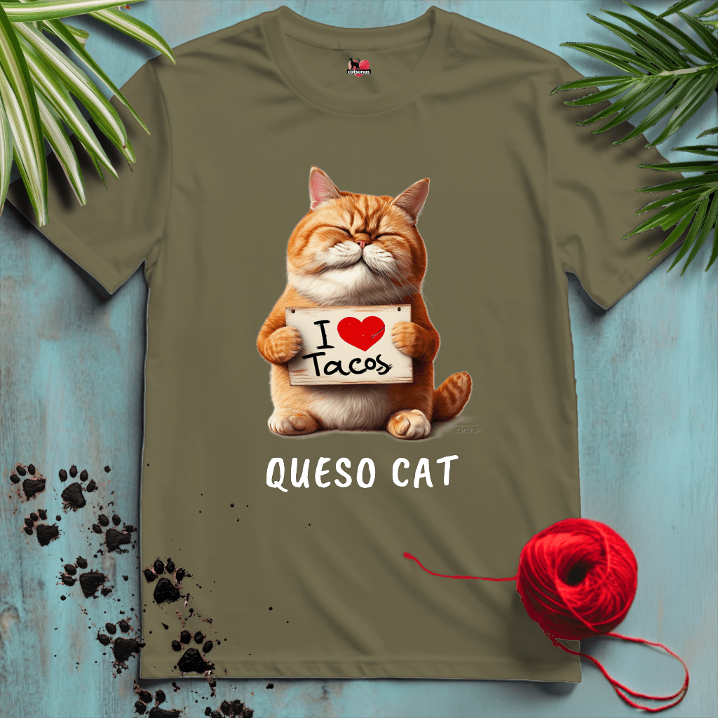 Printify T-Shirt Military Green / XL QUESO-CAT 🌮 I-LOVE-TACOS | Foodie Cats Collection