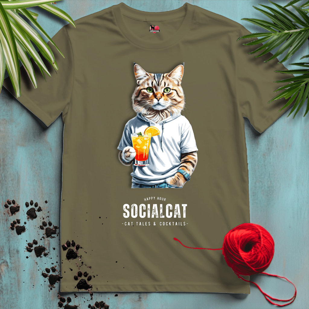 Printify T-Shirt Military Green / XL SOCIAL-CAT 🍹 LONG-TAILS | Lifestyle Cats Collection