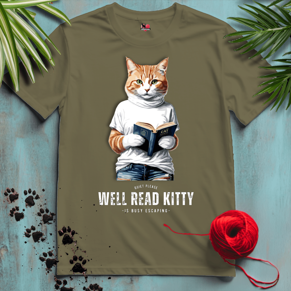 Printify T-Shirt Military Green / XL WELL-READ-KITTY 📚 READING ADDICT | Lifestyle Cats Collection