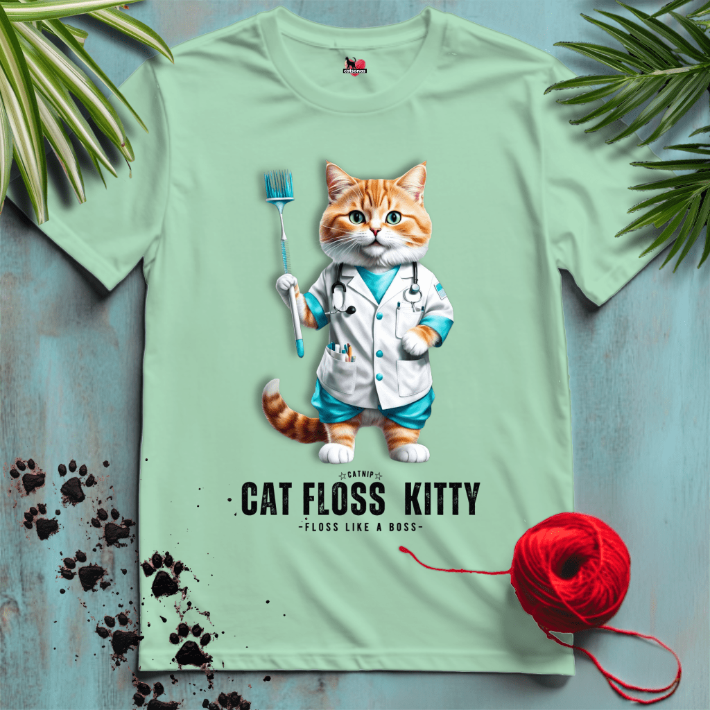 Printify T-Shirt Mint Green / S CAT-FLOSS-KITTY 🦷 DENTAL-PRO | Healthcare Cats Collection