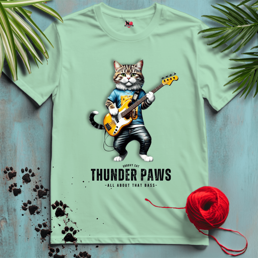 Printify T-Shirt Mint Green / XL THUNDER-PAWS 🤘 BASS-PLAYER | Music Cats Collection