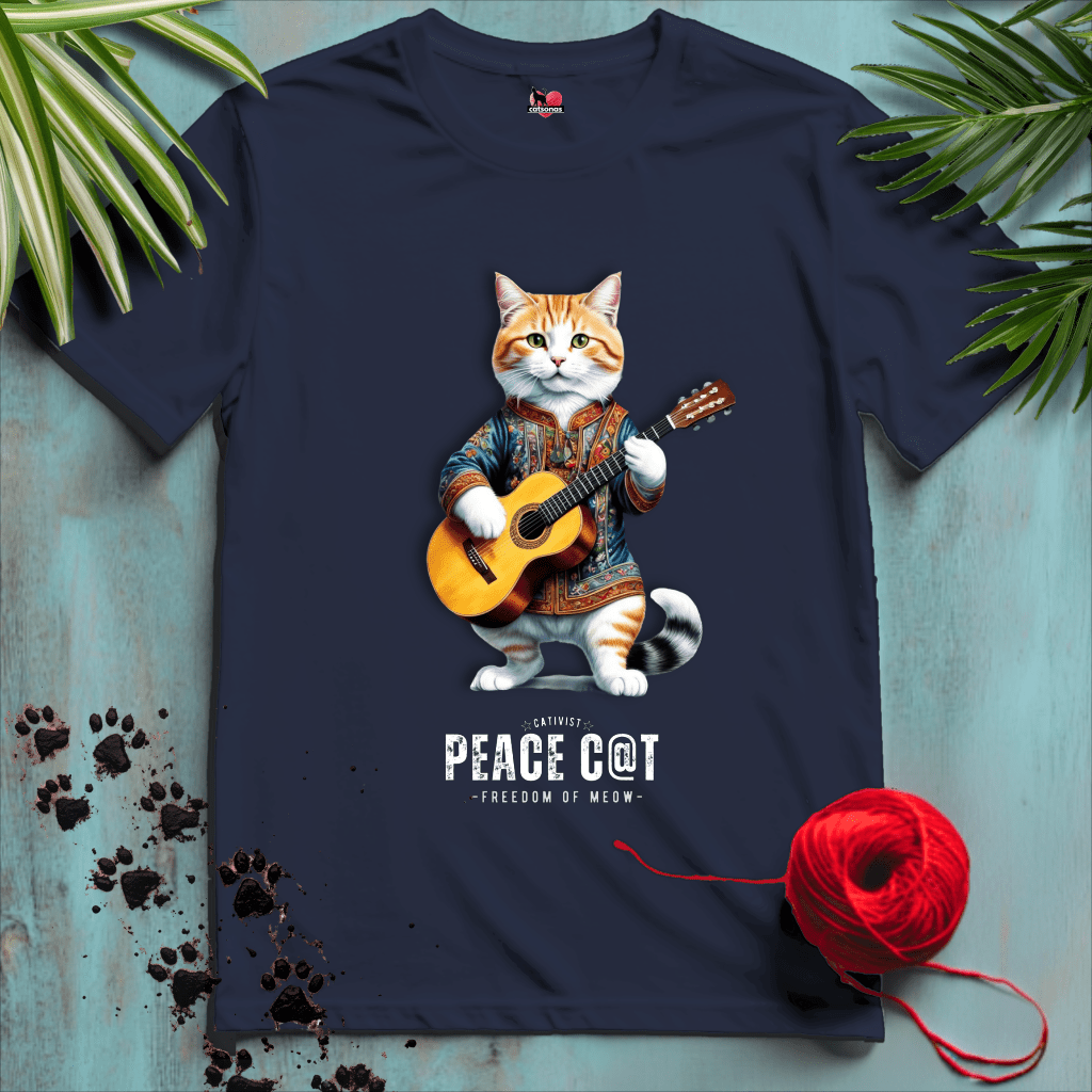 Printify T-Shirt Navy / XL PEACE-CAT ☮️ FOLK-GUITAR-HIPPY | Music Cats Collection