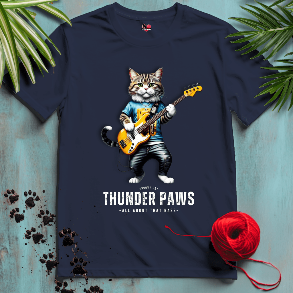 Printify T-Shirt Navy / XL THUNDER-PAWS 🤘 BASS-PLAYER | Music Cats Collection