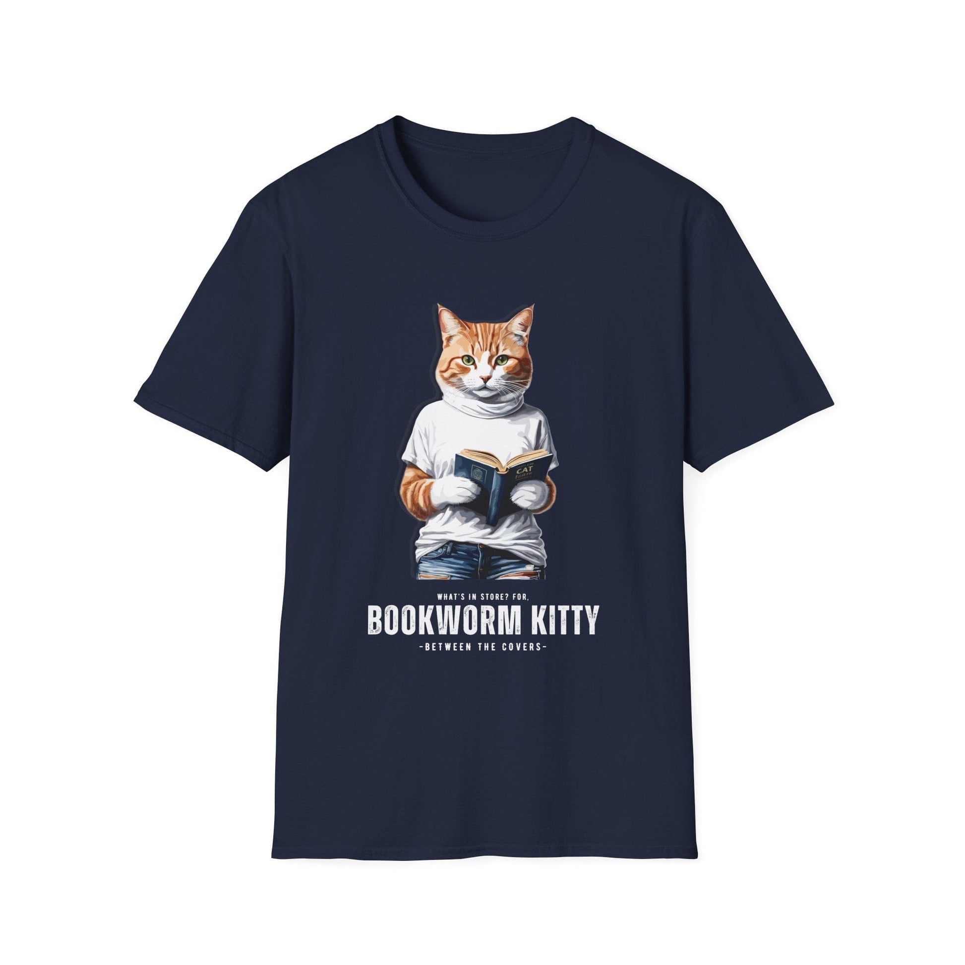 Printify T-Shirt Navy / XS BOOKWORM-KITTY-WHITE-CATSONAS-READING_1ab6f936-9ca7-437c-ac46-72a8e6012a99