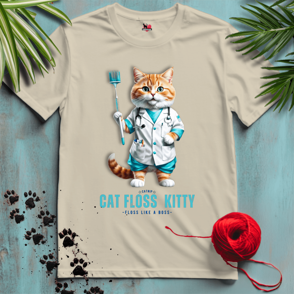 Printify T-Shirt Sand / XL CAT-FLOSS-KITTY 🦷 DENTAL-PRO | Healthcare Cats Collection