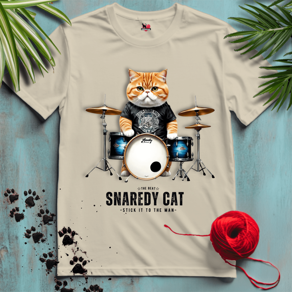 Printify T-Shirt Sand / XL SNAREDY-CAT 🥁 ARTIST-DRUMMER | Music Cats Collection