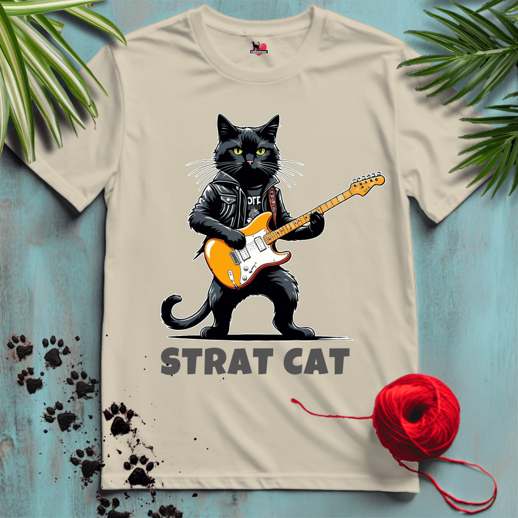 Printify T-Shirt Sand / XL STRAT-CAT 🎸 MUSIC-GUITAR | Music Cats Collection