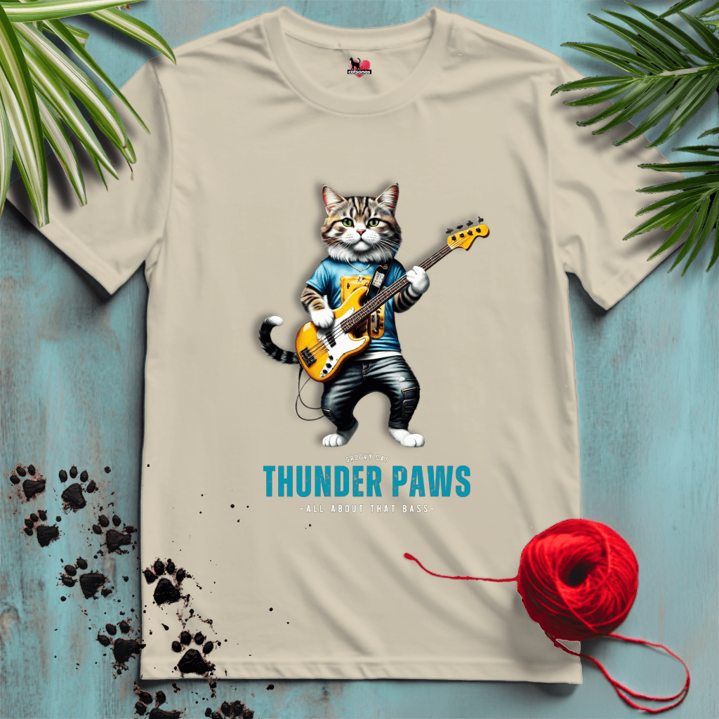 Printify T-Shirt Sand / XL THUNDER-PAWS 🤘 BASS-PLAYER | Music Cats Collection