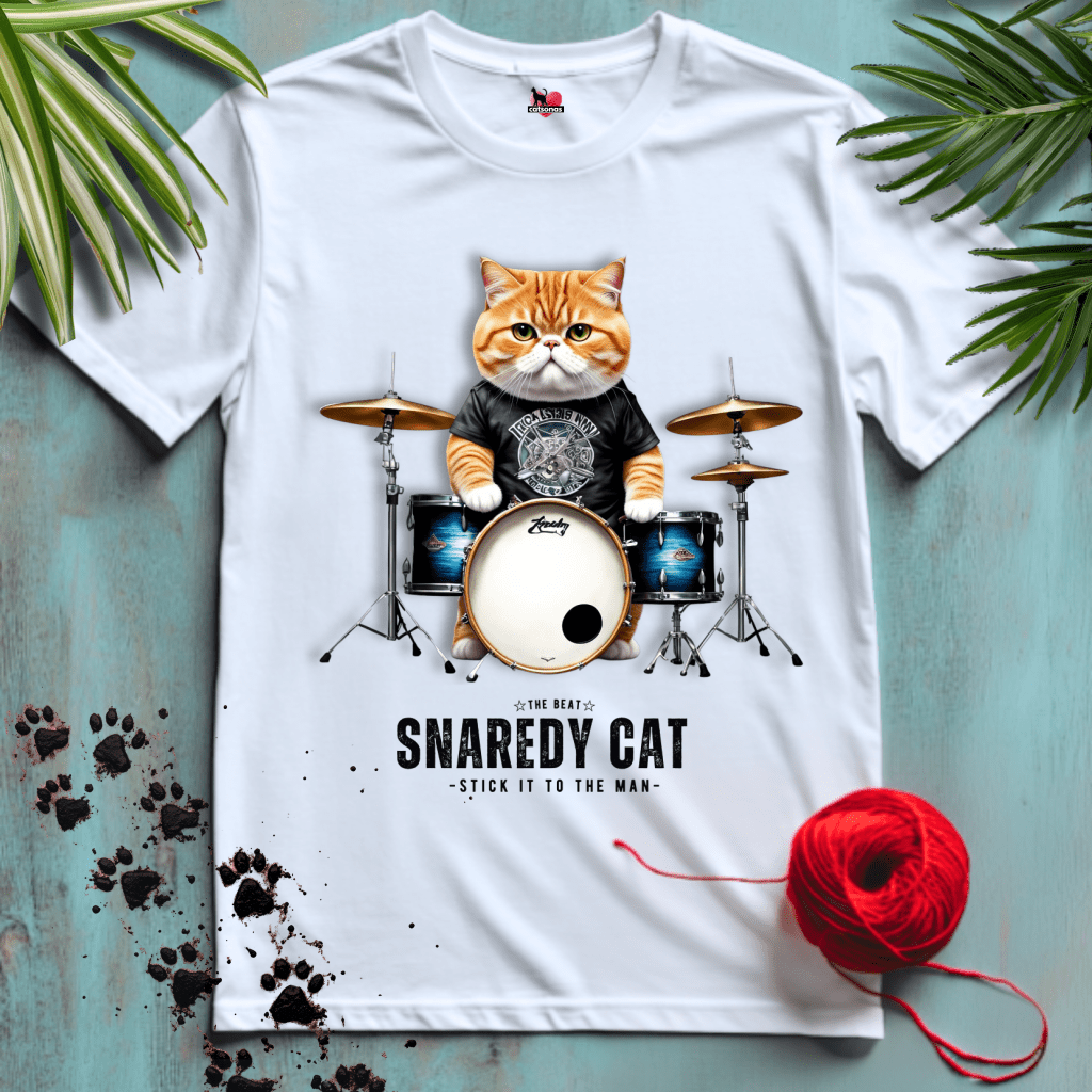 Printify T-Shirt White / XL SNAREDY-CAT 🥁 ARTIST-DRUMMER | Music Cats Collection