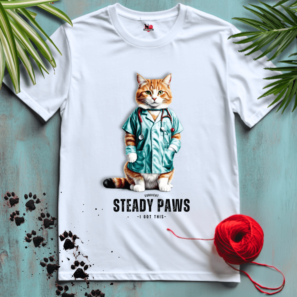 Printify T-Shirt White / XL STEADY-PAWS 🥼SURGEON | Healthcare Cats Collection