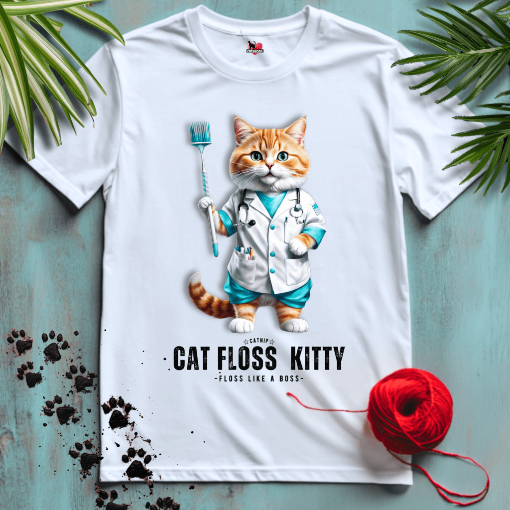 Printify T-Shirt White / XS CAT-FLOSS-KITTY 🦷 DENTAL-PRO | Healthcare Cats Collection